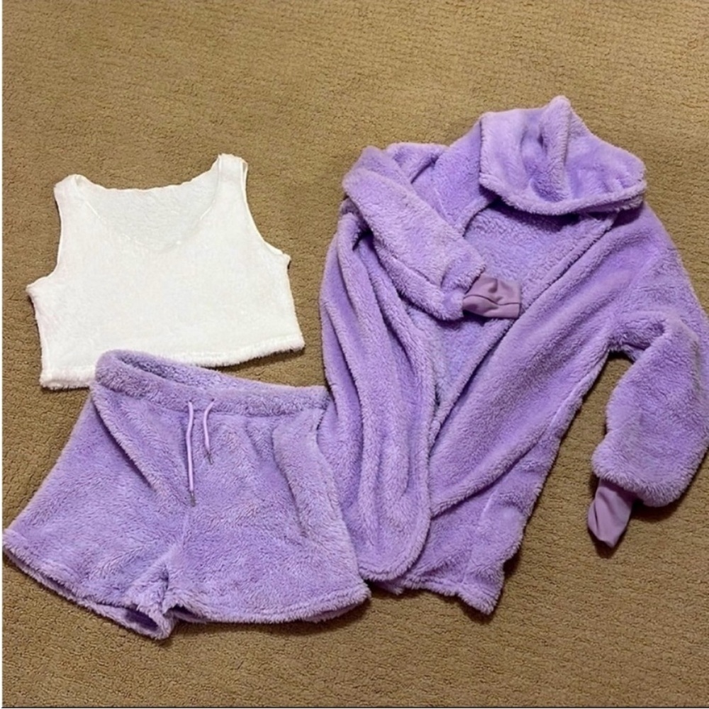 3 piece lilac lounge fuzzy set with shorts